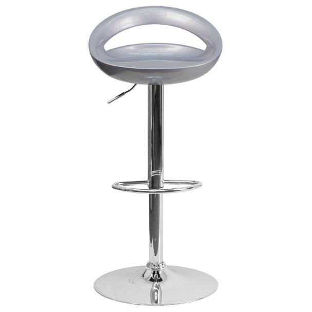 Dash Contemporary Silver Plastic Adjustable Height Barstool with Rounded Cutout Back and Chrome Base