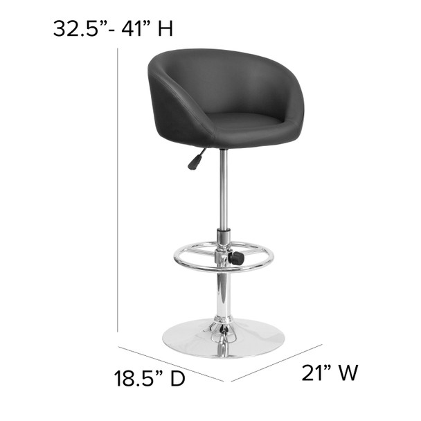 Luis Contemporary Black Vinyl Adjustable Height Barstool with Barrel Back and Chrome Base