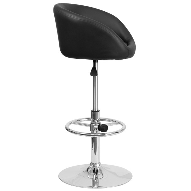 Luis Contemporary Black Vinyl Adjustable Height Barstool with Barrel Back and Chrome Base