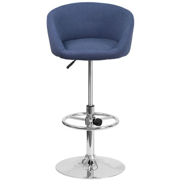 Luis Contemporary Blue Fabric Adjustable Height Barstool with Barrel Back and Chrome Base