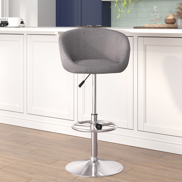 Luis Contemporary Gray Fabric Adjustable Height Barstool with Barrel Back and Chrome Base