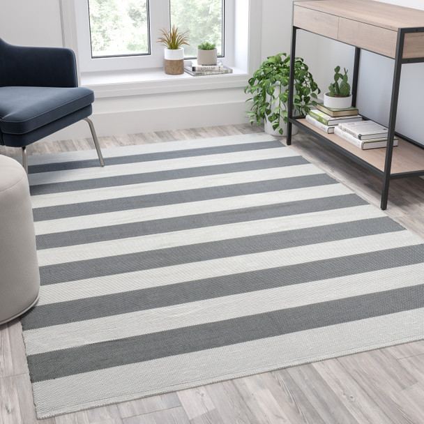 Melissa 5' x 7' Grey & White Striped Handwoven Indoor/Outdoor Cabana Style Stain Resistant Area Rug