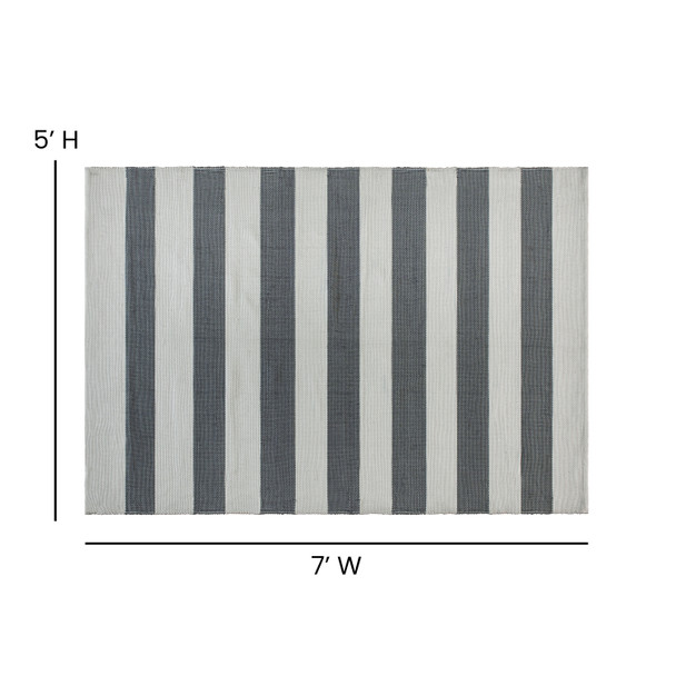 Melissa 5' x 7' Grey & White Striped Handwoven Indoor/Outdoor Cabana Style Stain Resistant Area Rug