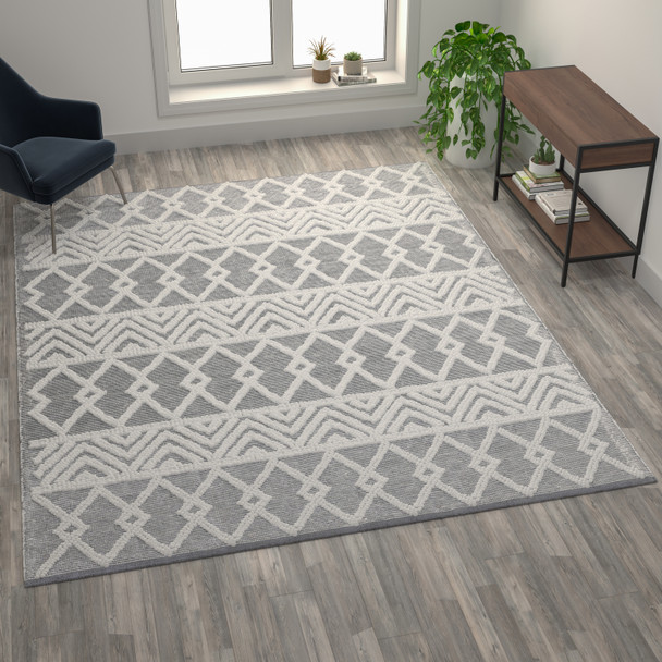 Deanna Indoor Geometric 8'x10' Area Rug - Hand Woven Gray Area Rug with Ivory Diamond Pattern, Polyester/Cotton Blend