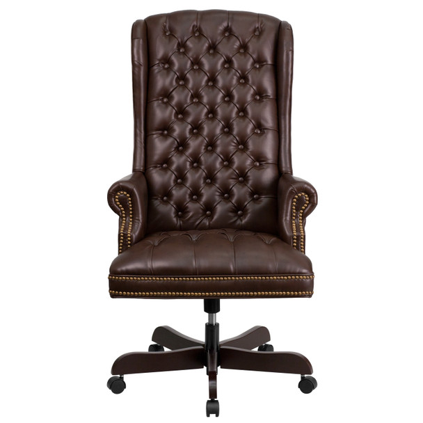 Turner High Back Traditional Fully Tufted Brown LeatherSoft Executive Swivel Ergonomic Office Chair with Arms