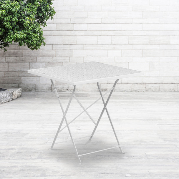 Oia Commercial Grade 28" Square White Indoor-Outdoor Steel Folding Patio Table