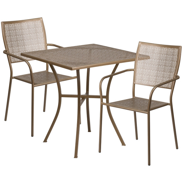 Oia Commercial Grade 28" Square Gold Indoor-Outdoor Steel Patio Table Set with 2 Square Back Chairs