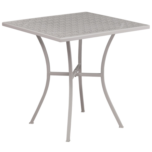 Oia Commercial Grade 28" Square Light Gray Indoor-Outdoor Steel Patio Table Set with 2 Square Back Chairs