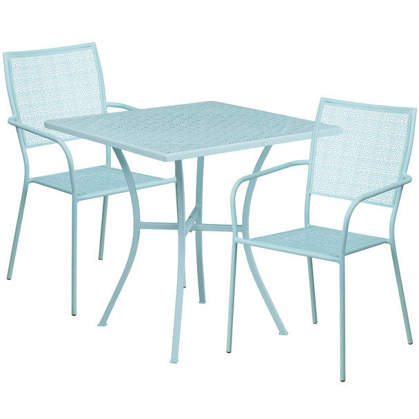 Oia Commercial Grade 28" Square Sky Blue Indoor-Outdoor Steel Patio Table Set with 2 Square Back Chairs