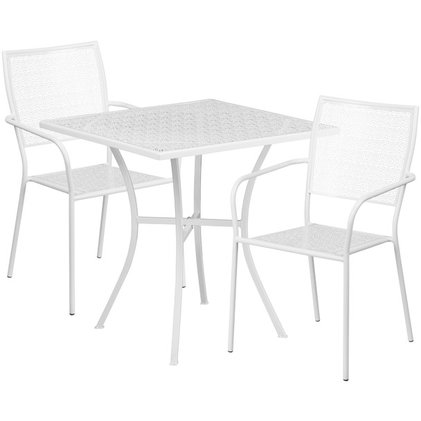 Oia Commercial Grade 28" Square White Indoor-Outdoor Steel Patio Table Set with 2 Square Back Chairs