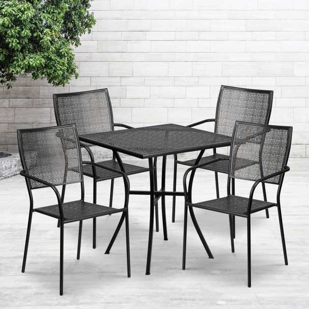 Oia Commercial Grade 28" Square Black Indoor-Outdoor Steel Patio Table Set with 4 Square Back Chairs