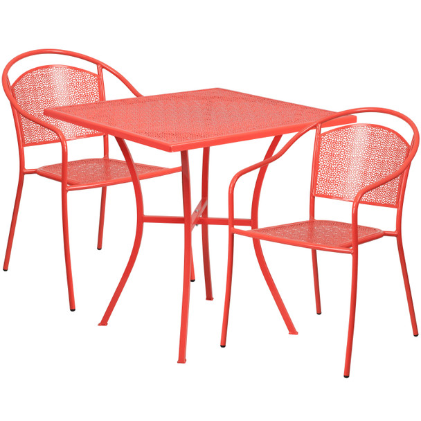 Oia Commercial Grade 28" Square Coral Indoor-Outdoor Steel Patio Table Set with 2 Round Back Chairs