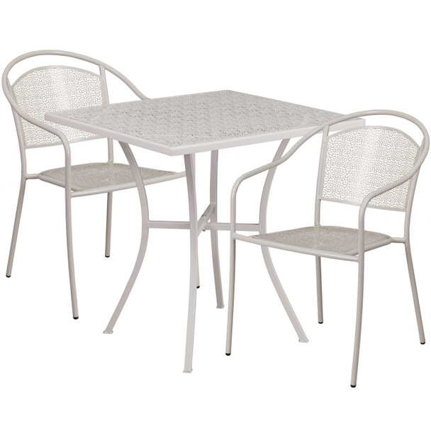 Oia Commercial Grade 28" Square Light Gray Indoor-Outdoor Steel Patio Table Set with 2 Round Back Chairs