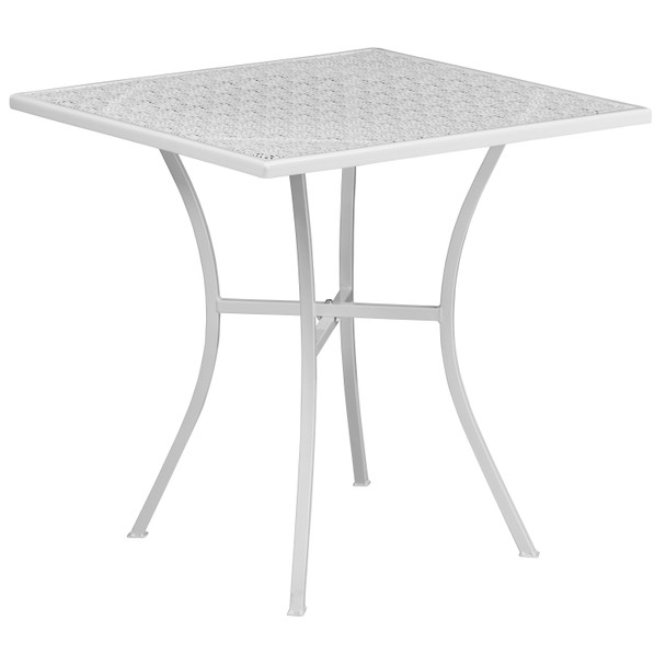 Oia Commercial Grade 28" Square White Indoor-Outdoor Steel Patio Table Set with 2 Round Back Chairs