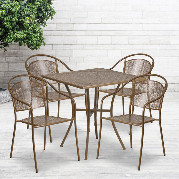 Oia Commercial Grade 28" Square Gold Indoor-Outdoor Steel Patio Table Set with 4 Round Back Chairs