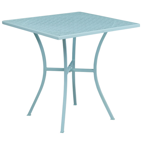 Oia Commercial Grade 28" Square Sky Blue Indoor-Outdoor Steel Patio Table Set with 4 Round Back Chairs