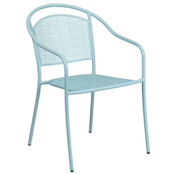 Oia Commercial Grade 28" Square Sky Blue Indoor-Outdoor Steel Patio Table Set with 4 Round Back Chairs