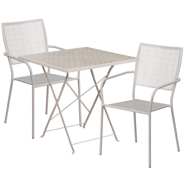 Oia Commercial Grade 28" Square Light Gray Indoor-Outdoor Steel Folding Patio Table Set with 2 Square Back Chairs