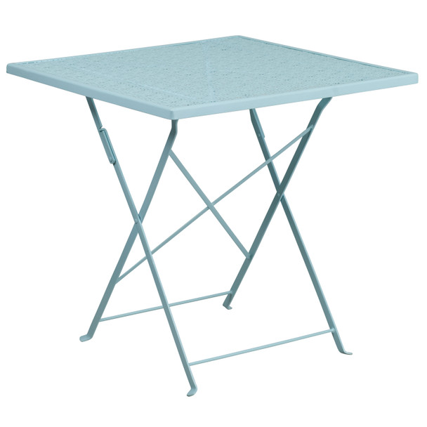 Oia Commercial Grade 28" Square Sky Blue Indoor-Outdoor Steel Folding Patio Table Set with 4 Square Back Chairs