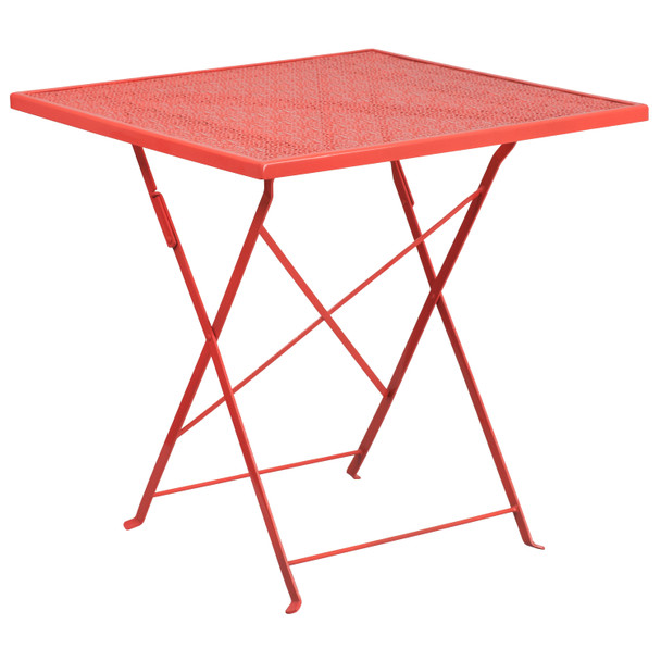 Oia Commercial Grade 28" Square Coral Indoor-Outdoor Steel Folding Patio Table Set with 4 Round Back Chairs