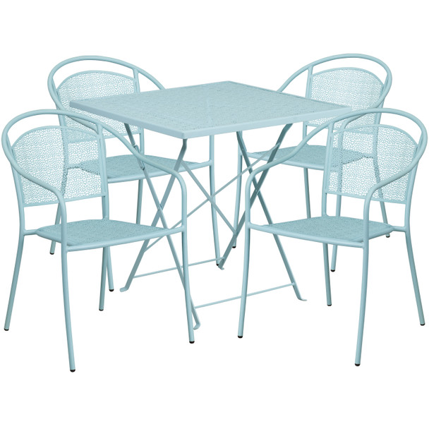 Oia Commercial Grade 28" Square Sky Blue Indoor-Outdoor Steel Folding Patio Table Set with 4 Round Back Chairs