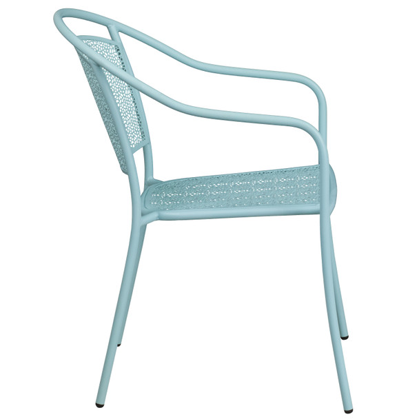 Oia Commercial Grade Sky Blue Indoor-Outdoor Steel Patio Arm Chair with Round Back