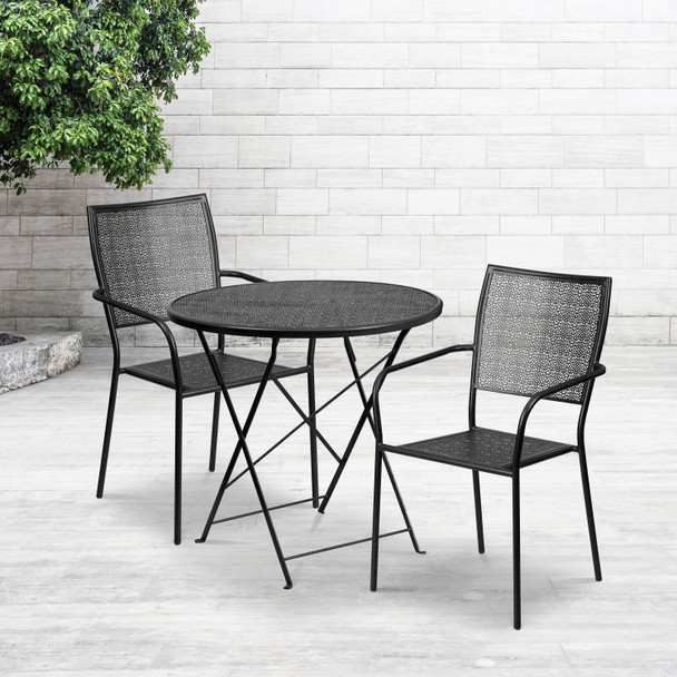 Oia Commercial Grade 30" Round Black Indoor-Outdoor Steel Folding Patio Table Set with 2 Square Back Chairs
