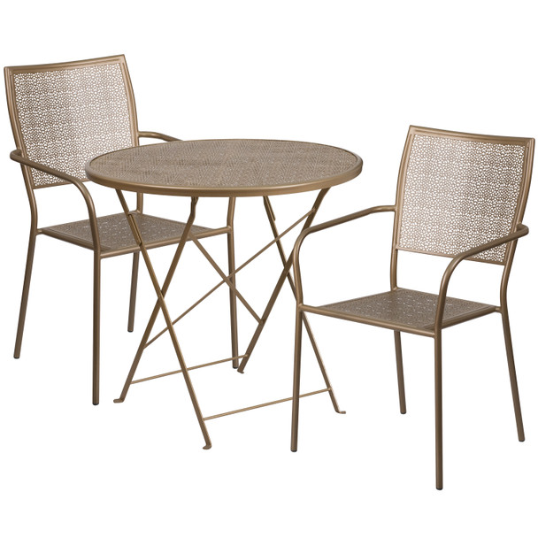 Oia Commercial Grade 30" Round Gold Indoor-Outdoor Steel Folding Patio Table Set with 2 Square Back Chairs