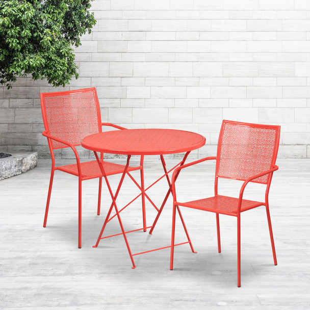 Oia Commercial Grade 30" Round Coral Indoor-Outdoor Steel Folding Patio Table Set with 2 Square Back Chairs