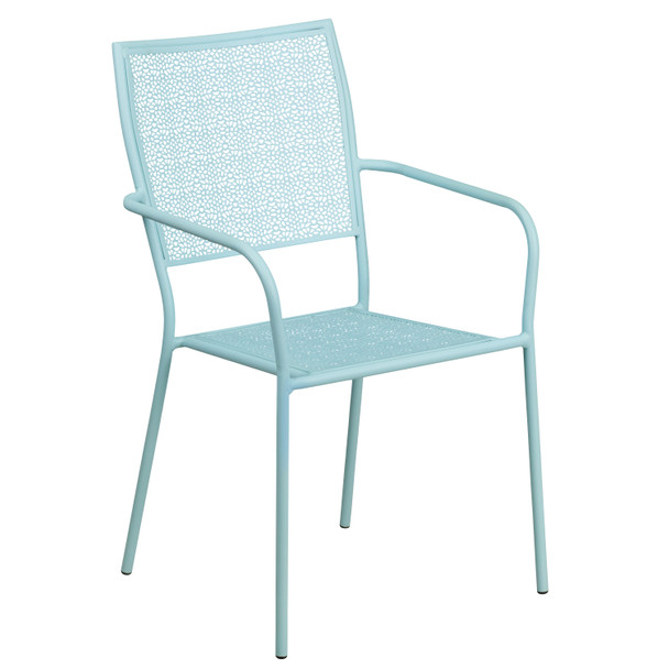 Oia Commercial Grade 30" Round Sky Blue Indoor-Outdoor Steel Folding Patio Table Set with 2 Square Back Chairs