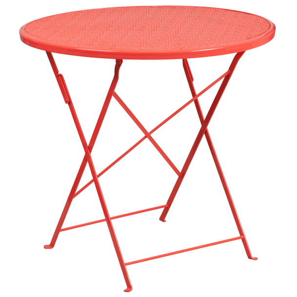 Oia Commercial Grade 30" Round Coral Indoor-Outdoor Steel Folding Patio Table Set with 4 Square Back Chairs