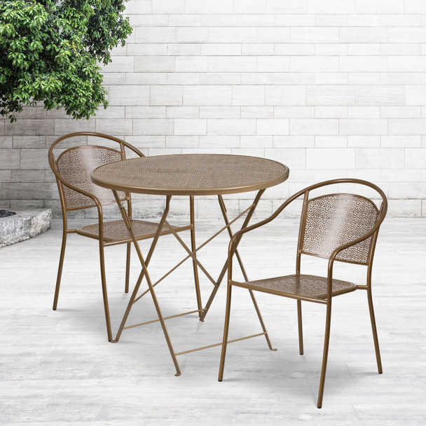 Oia Commercial Grade 30" Round Gold Indoor-Outdoor Steel Folding Patio Table Set with 2 Round Back Chairs