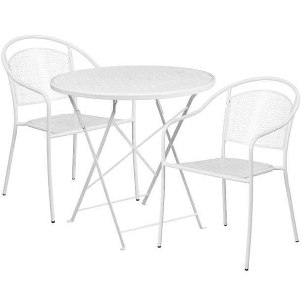 Oia Commercial Grade 30" Round White Indoor-Outdoor Steel Folding Patio Table Set with 2 Round Back Chairs