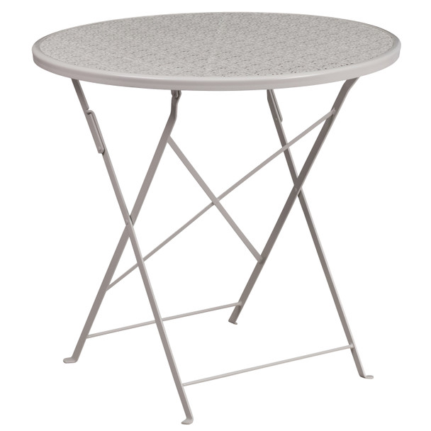Oia Commercial Grade 30" Round Light Gray Indoor-Outdoor Steel Folding Patio Table Set with 4 Round Back Chairs