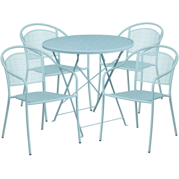Oia Commercial Grade 30" Round Sky Blue Indoor-Outdoor Steel Folding Patio Table Set with 4 Round Back Chairs