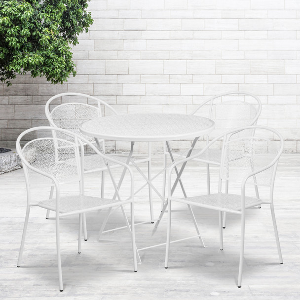 Oia Commercial Grade 30" Round White Indoor-Outdoor Steel Folding Patio Table Set with 4 Round Back Chairs