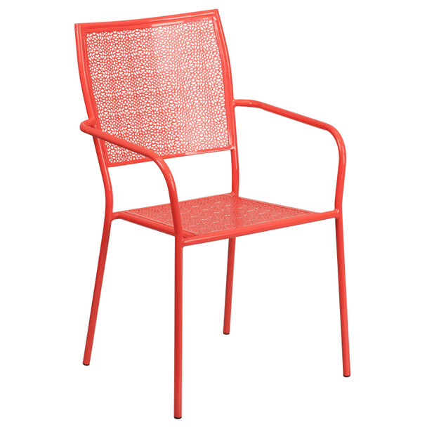 Oia Commercial Grade 35.25" Round Coral Indoor-Outdoor Steel Patio Table Set with 2 Square Back Chairs