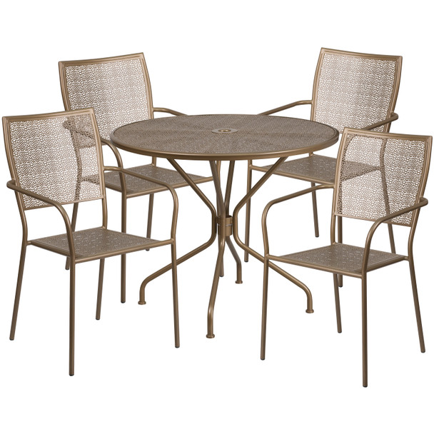 Oia Commercial Grade 35.25" Round Gold Indoor-Outdoor Steel Patio Table Set with 4 Square Back Chairs