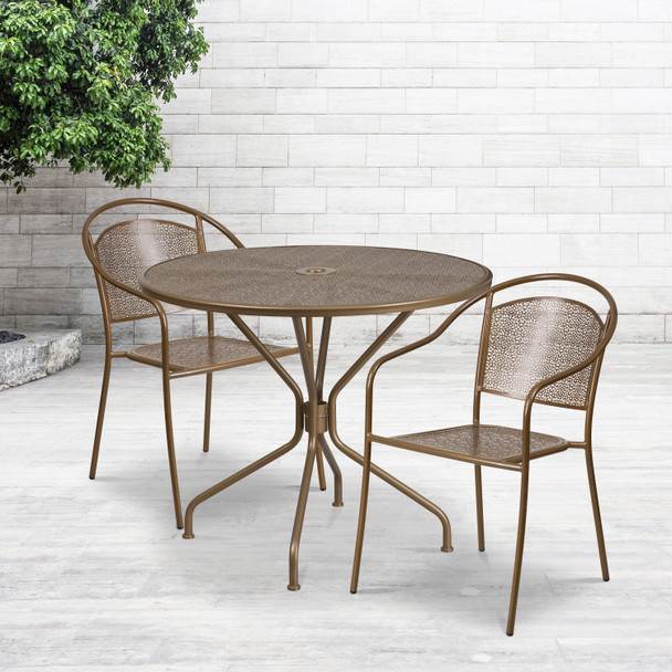 Oia Commercial Grade 35.25" Round Gold Indoor-Outdoor Steel Patio Table Set with 2 Round Back Chairs