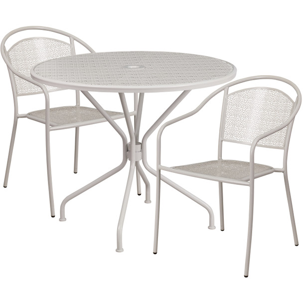 Oia Commercial Grade 35.25" Round Light Gray Indoor-Outdoor Steel Patio Table Set with 2 Round Back Chairs