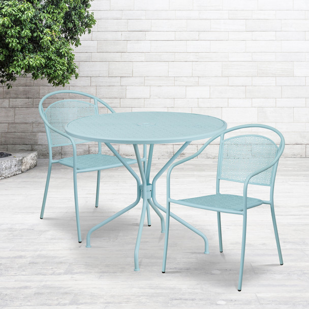 Oia Commercial Grade 35.25" Round Sky Blue Indoor-Outdoor Steel Patio Table Set with 2 Round Back Chairs