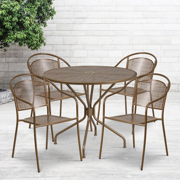 Oia Commercial Grade 35.25" Round Gold Indoor-Outdoor Steel Patio Table Set with 4 Round Back Chairs