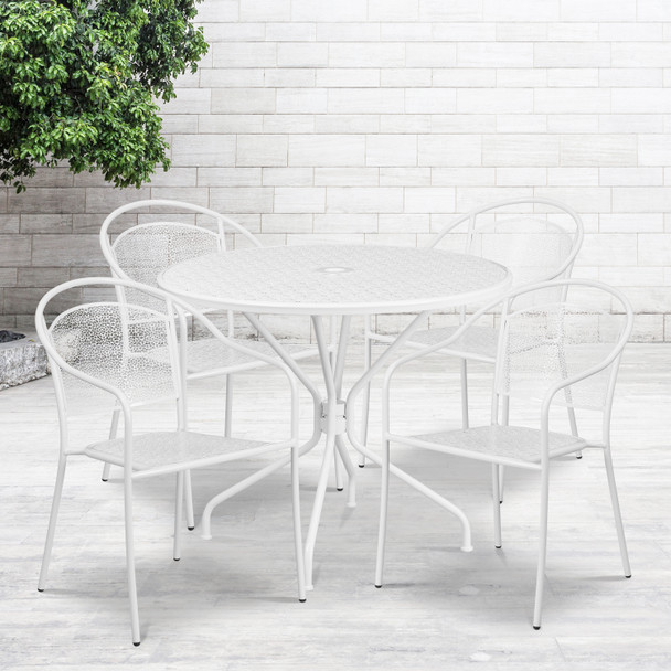 Oia Commercial Grade 35.25" Round White Indoor-Outdoor Steel Patio Table Set with 4 Round Back Chairs