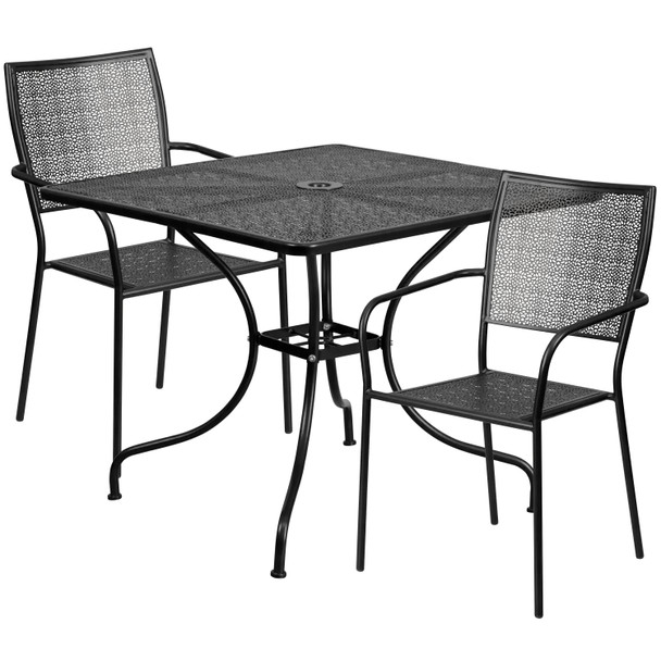 Oia Commercial Grade 35.5" Square Black Indoor-Outdoor Steel Patio Table Set with 2 Square Back Chairs