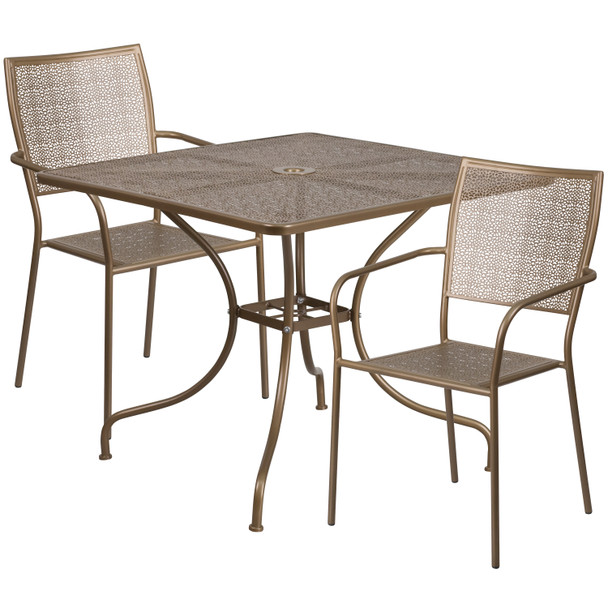 Oia Commercial Grade 35.5" Square Gold Indoor-Outdoor Steel Patio Table Set with 2 Square Back Chairs