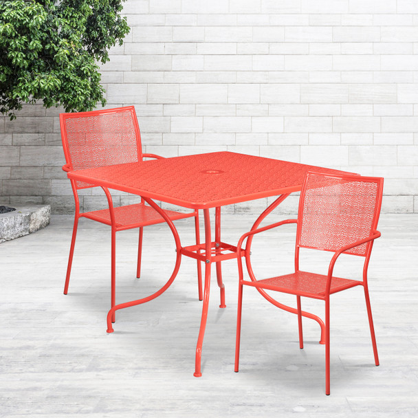 Oia Commercial Grade 35.5" Square Coral Indoor-Outdoor Steel Patio Table Set with 2 Square Back Chairs