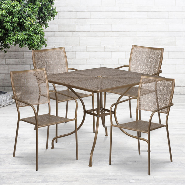 Oia Commercial Grade 35.5" Square Gold Indoor-Outdoor Steel Patio Table Set with 4 Square Back Chairs