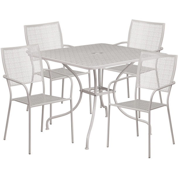 Oia Commercial Grade 35.5" Square Light Gray Indoor-Outdoor Steel Patio Table Set with 4 Square Back Chairs