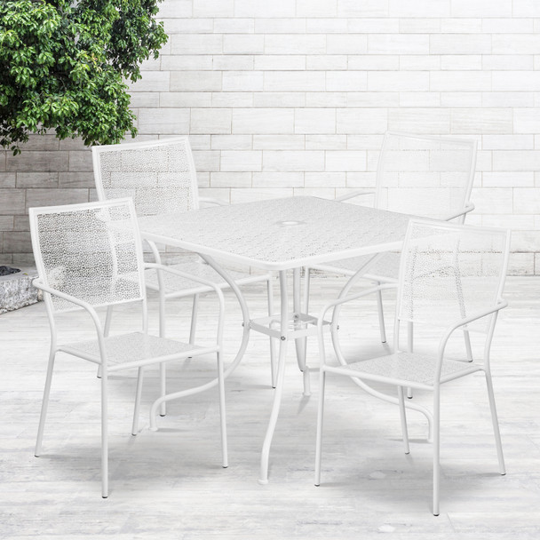 Oia Commercial Grade 35.5" Square White Indoor-Outdoor Steel Patio Table Set with 4 Square Back Chairs