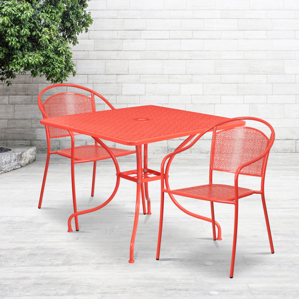 Oia Commercial Grade 35.5" Square Coral Indoor-Outdoor Steel Patio Table Set with 2 Round Back Chairs